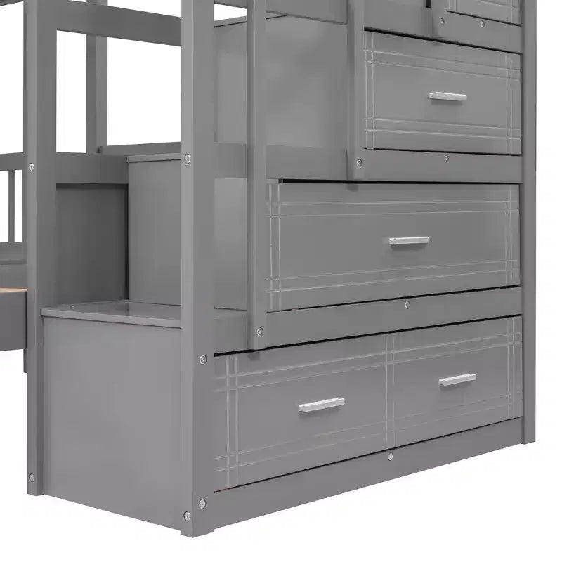 Whisen Full Over Twin & Twin Bunk Bed, Wood Triple Bunk Bed with Drawers and Guardrails