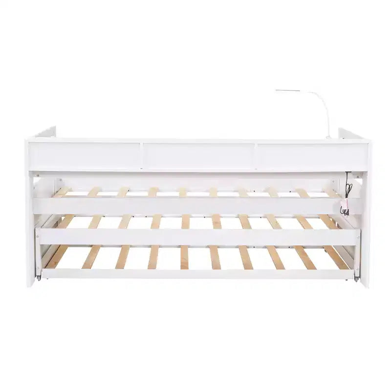 Whisen Twin XL Wood Daybed with 2 Trundles, 3 Storage Cubbies, 1 Light for Free and USB Charging Design