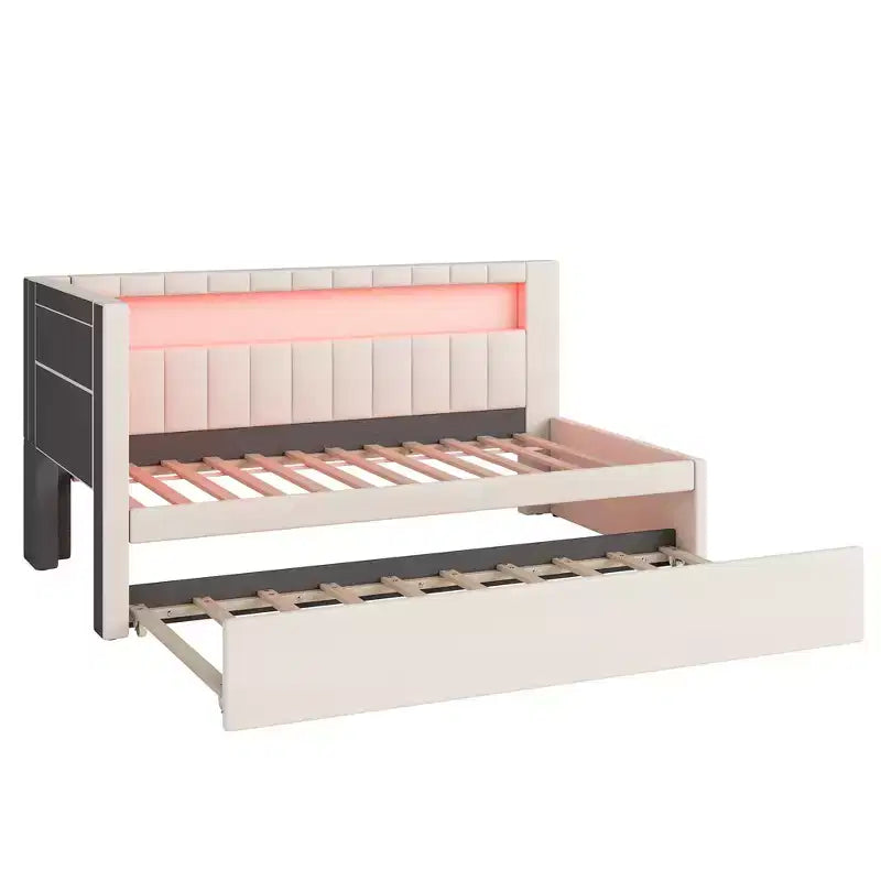 Daybed in Twin-/Full-Größe mit Ausziehbett und L-förmigem Bücherregal-Kopfteil, weiches Eckbett mit Leinenpolsterung, Ablagefächern und LED-Band