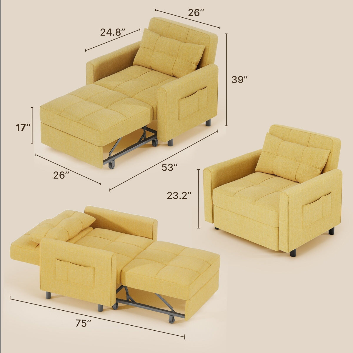 3-in-1-Schlafsofa mit verstellbarer Rückenlehne, ausziehbarer Sessel, umwandelbares Klappbett fürs Wohnzimmer