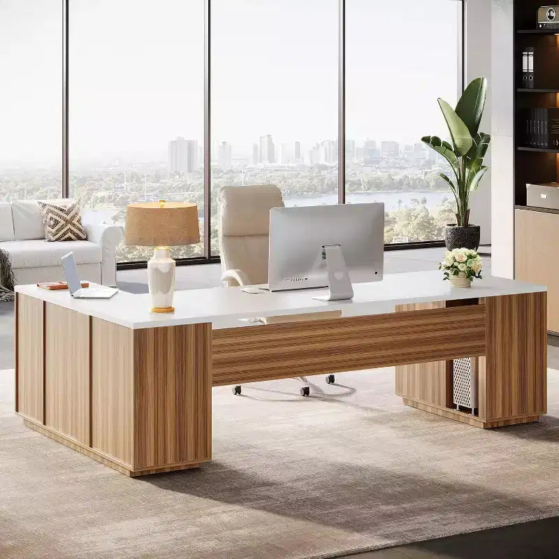 Lantine 85.8 L-Shaped Executive Desk, Extra Large Office Computer Desk with File Drawers for Home Office