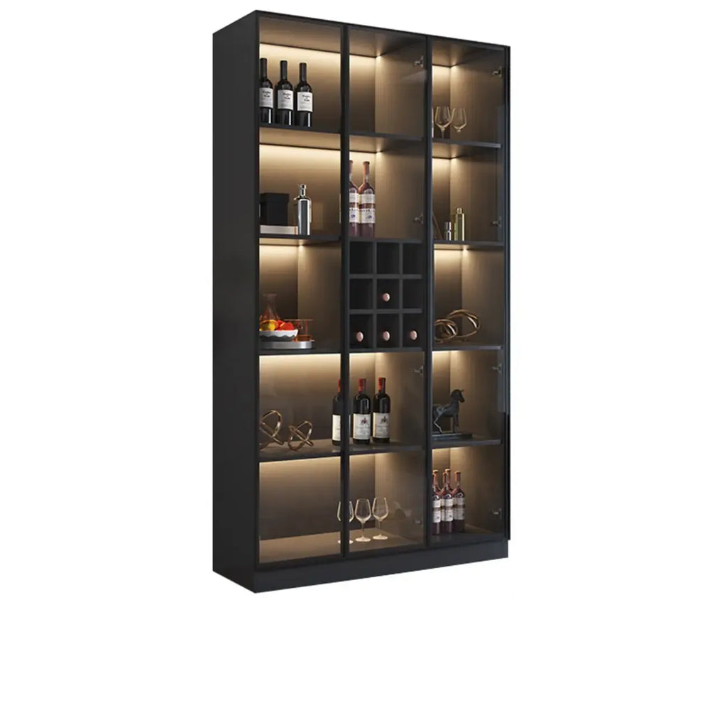Minimalistischer schwarzer Weinschrank aus Holz mit Glastür