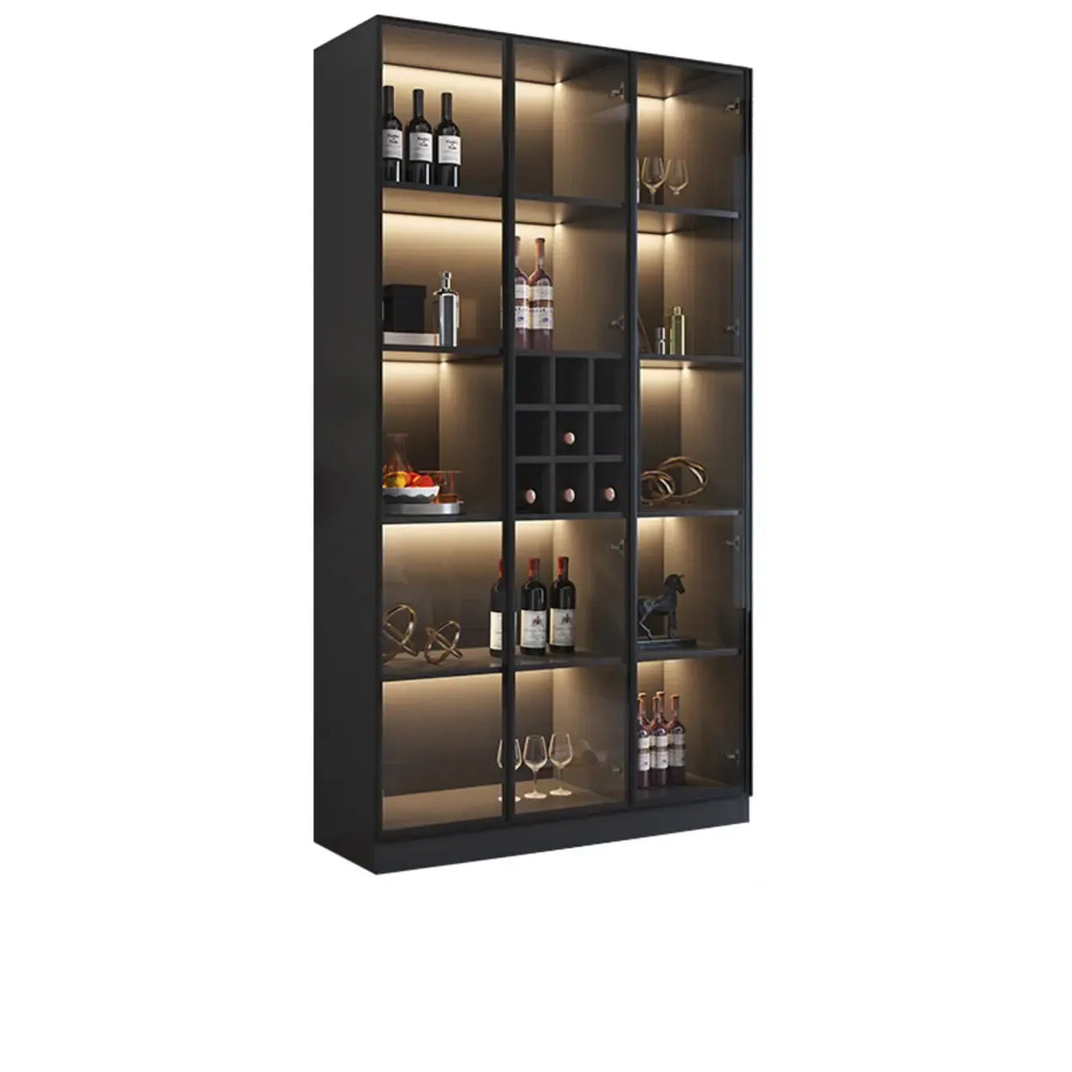 Minimalistischer schwarzer Weinschrank aus Holz mit Glastür