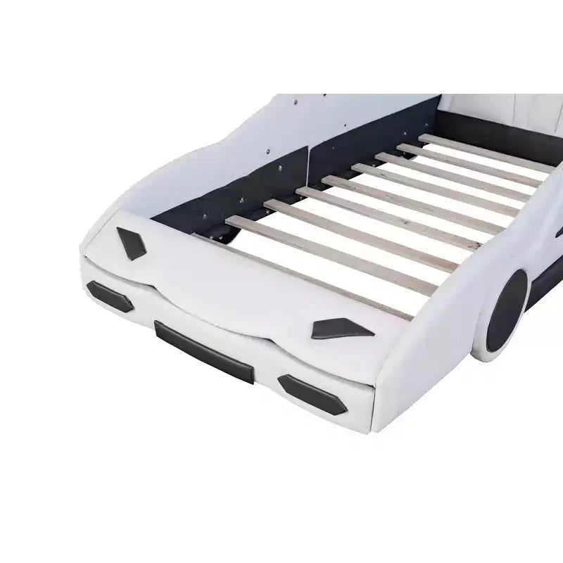 Whisen Wood Twin Size Race Car-Shaped Platform Bed with LED and Upholstered Backrest