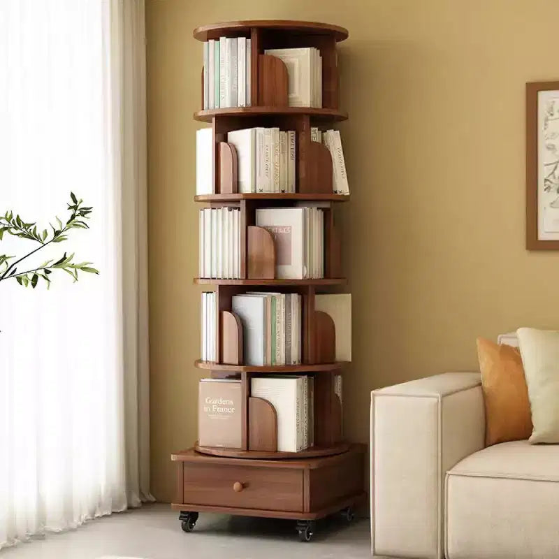 Libreria angolare Chic Crate a 6 ripiani con rotazione a 360° e ruote, libreria stretta per piccoli spazi, marrone noce