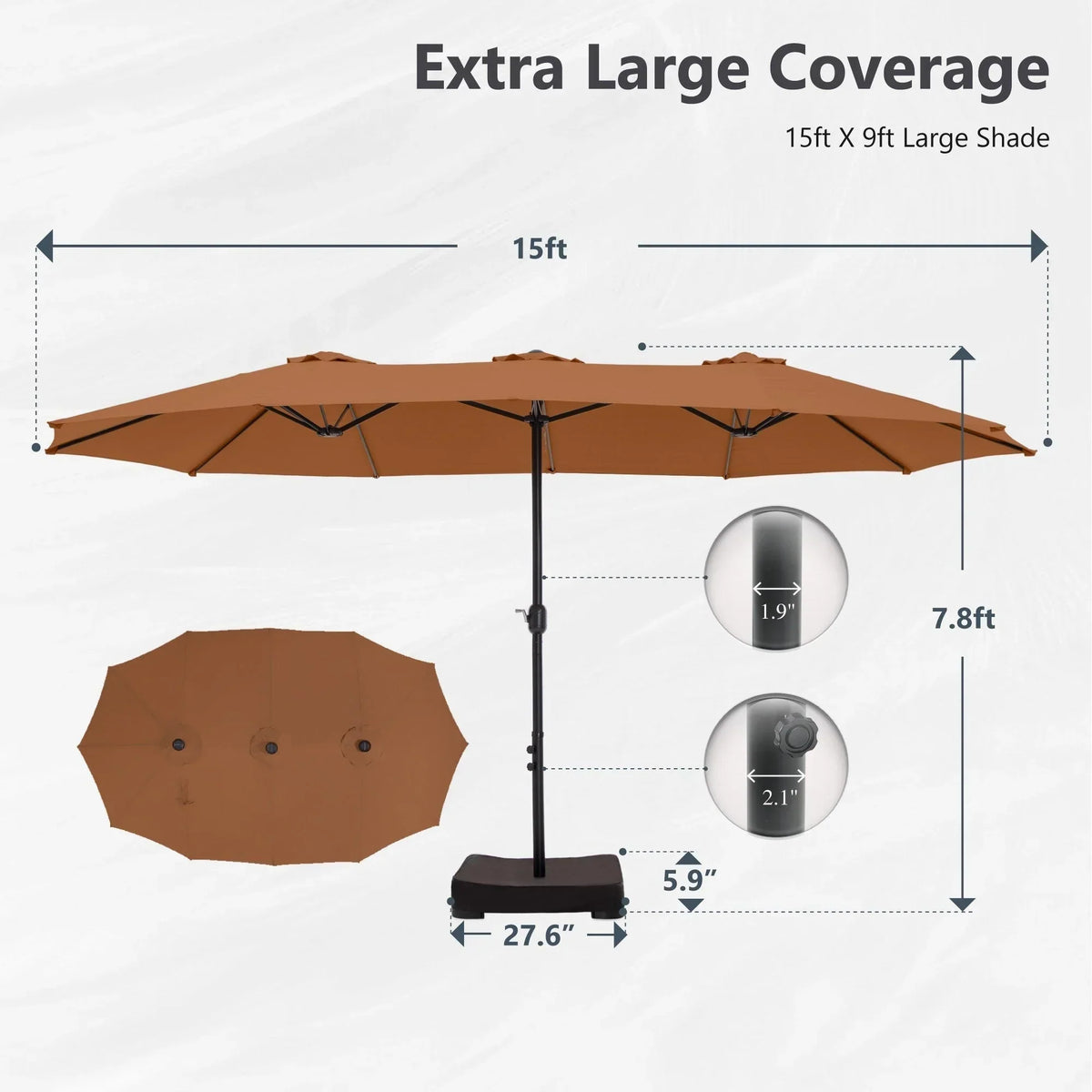 MAISON ARTS dubbele parasol voor terras, 15 ft, extra groot, tweepersoons, inclusief voet