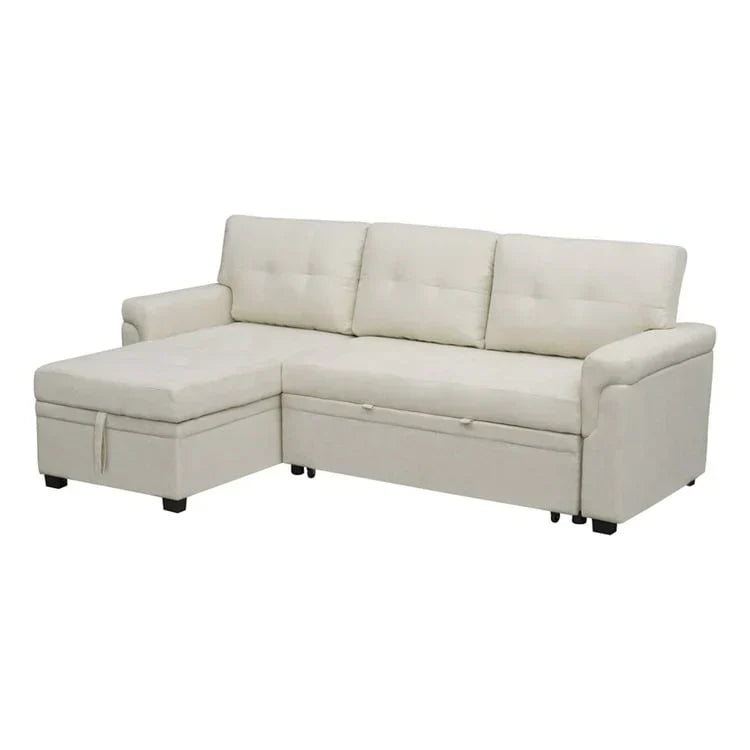 Divano componibile reversibile trasformabile con letto estraibile, chaise longue con contenitore nascosto e gambe resistenti