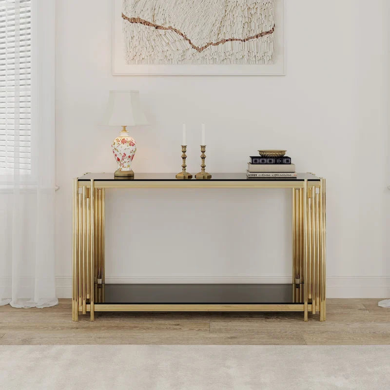 Console étroite à 2 niveaux avec structure en métal finition dorée et plateau en verre trempé