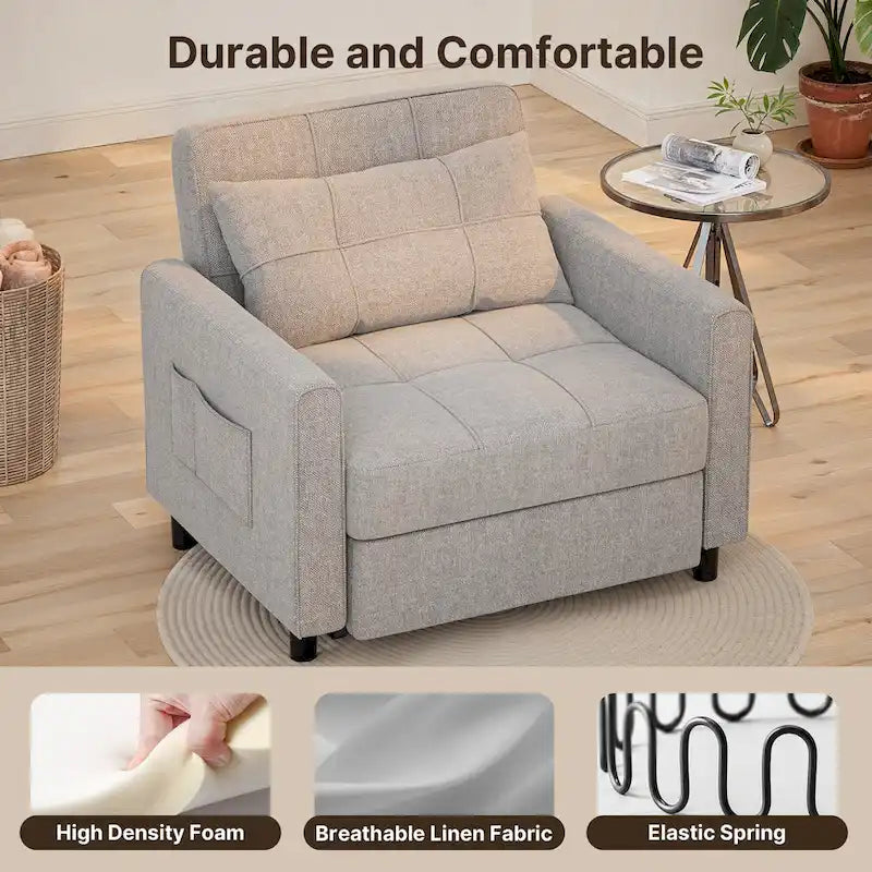 3-in-1 Pull-Out Sofa Bed Sleeper Chair , Convertible Adjustable Foldable Upholstered Lounge Couch