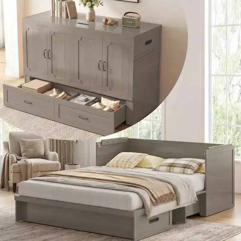 Mjkone Murphy-kastbed voor queensize bed, om te bouwen, met USB-opladen en opbergladen, matras niet inbegrepen