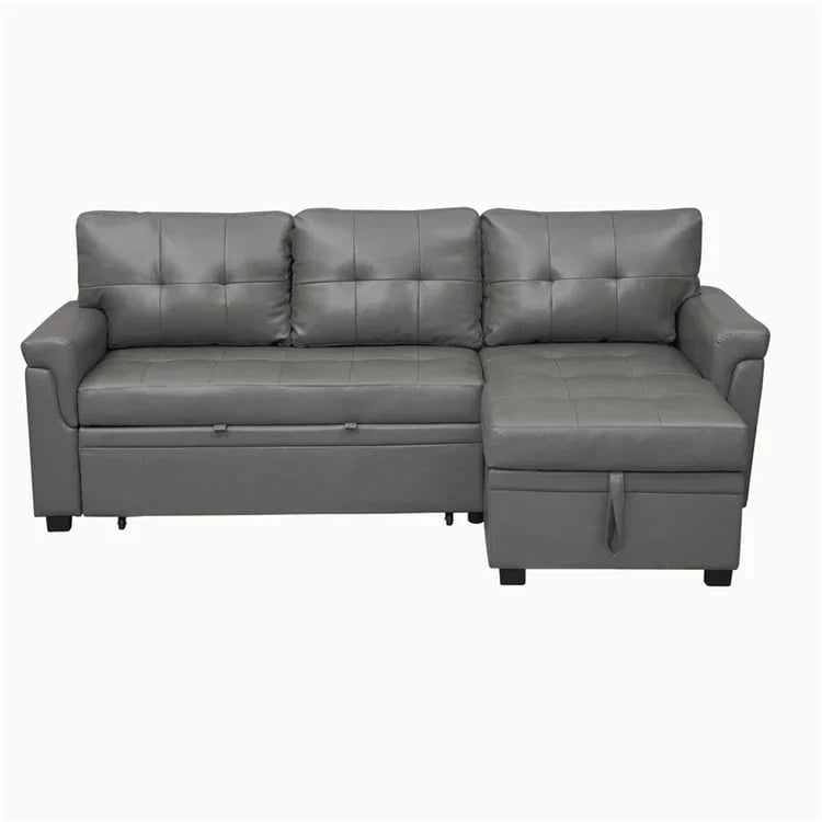 Divano componibile reversibile trasformabile con letto estraibile, chaise longue con contenitore nascosto e gambe resistenti