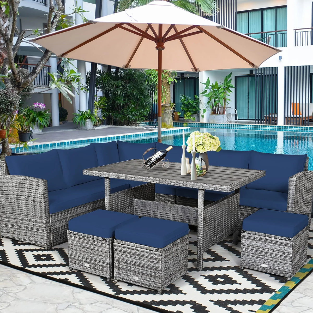 Costway 7-delige eethoek voor de patio van rotan, modulaire bank, fauteuil en voetenbank - Bekijk de details