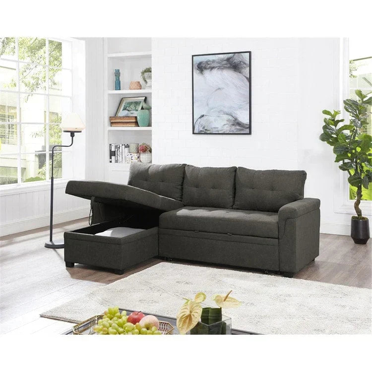 Divano componibile reversibile trasformabile con letto estraibile, chaise longue con contenitore nascosto e gambe resistenti
