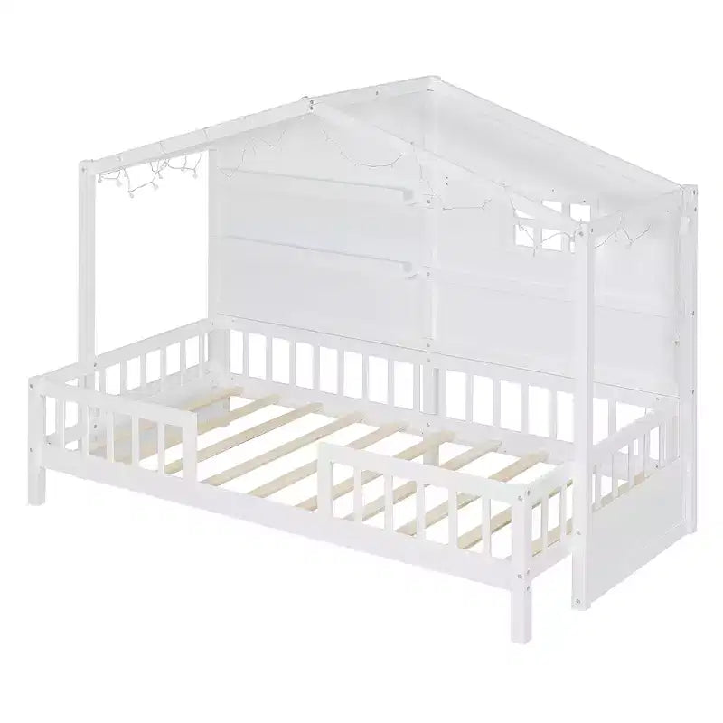 Twin Size House Bed with Storage Shelves and Rails, Wood Kids Montessori Bed Frame with Window and Sparkling Light Strip