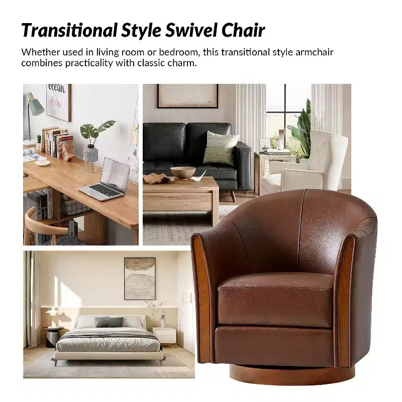 Juego de 2 sillones giratorios tipo barril Pocono de cuero genuino, de estilo transicional, con base de madera maciza, Artful Living Design