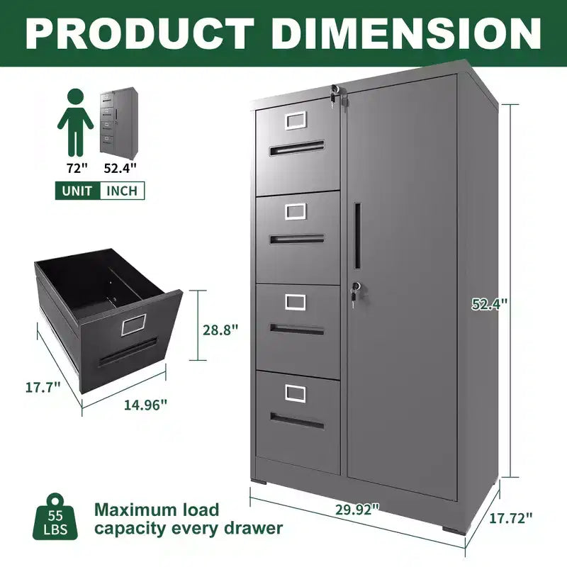 Schedario verticale in metallo con serratura, armadietto portadocumenti in acciaio con 4 cassetti