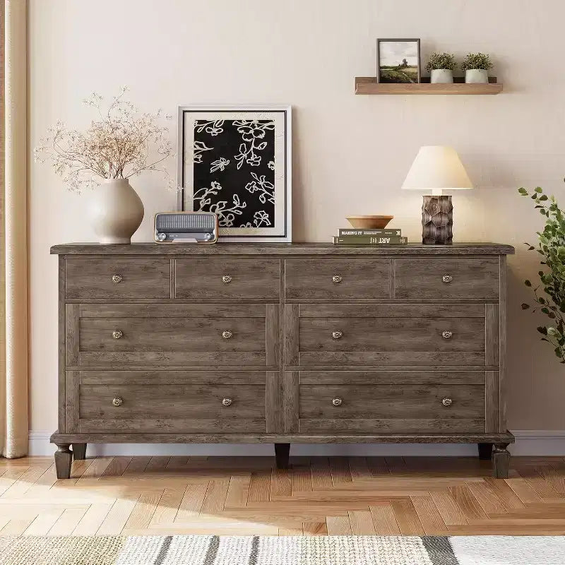 8 Drawer Dresser for Bedroom, Vintage 59 Dresser TV Stand with Carved Handles and Tapered Legs, Wood Chests of Drawers with Large Capacity Storage
