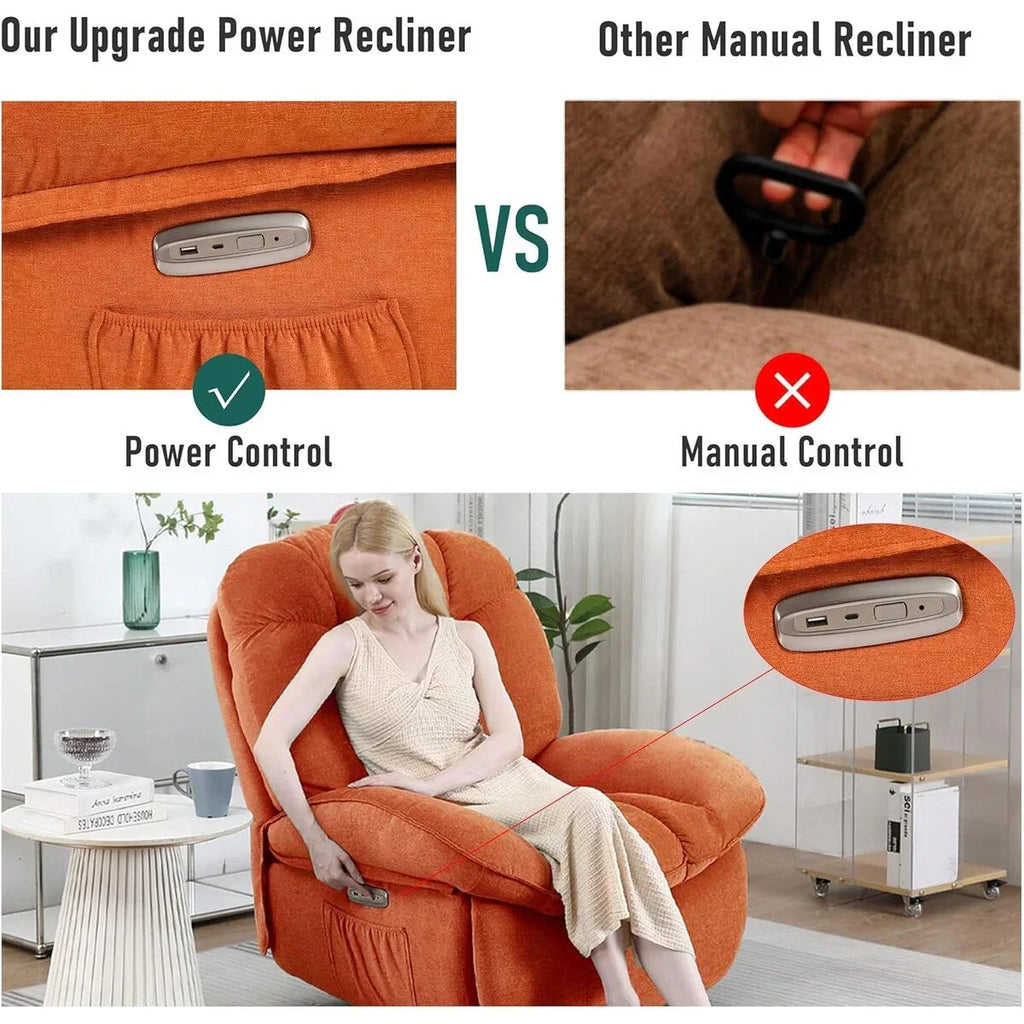 XINMICS draaibare elektrische relaxstoel, massagestoel met schommelstand, verwarming, USB, USB-C en zijvak
