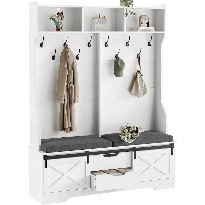 Vestiaire avec banc et rangement pour chaussures, portemanteau avec porte de grange