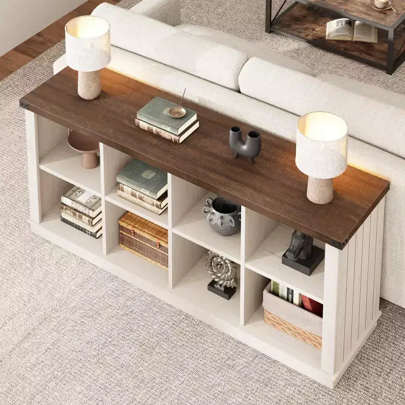 8 Cube Storage Organizer Bookshelf, Farmhouse Horizontal Bookcase, 62 Inch Wood Storage Bookcase for Entryway, Long Low Bookshelves for Living Room