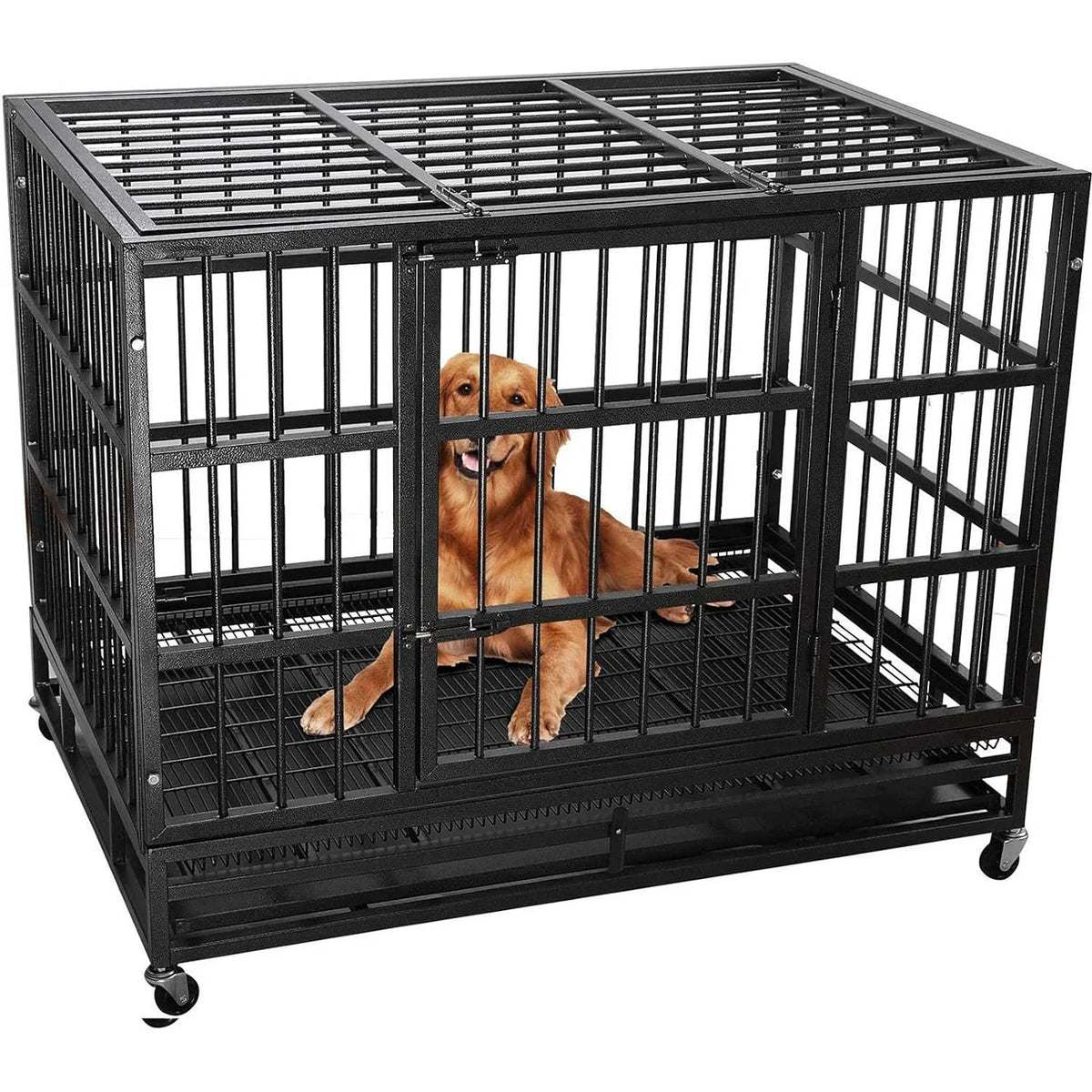 Jaula para perros BOSSIN de alta resistencia e indestructible, de 48/38 pulgadas, jaula a prueba de escapes con ruedas bloqueables