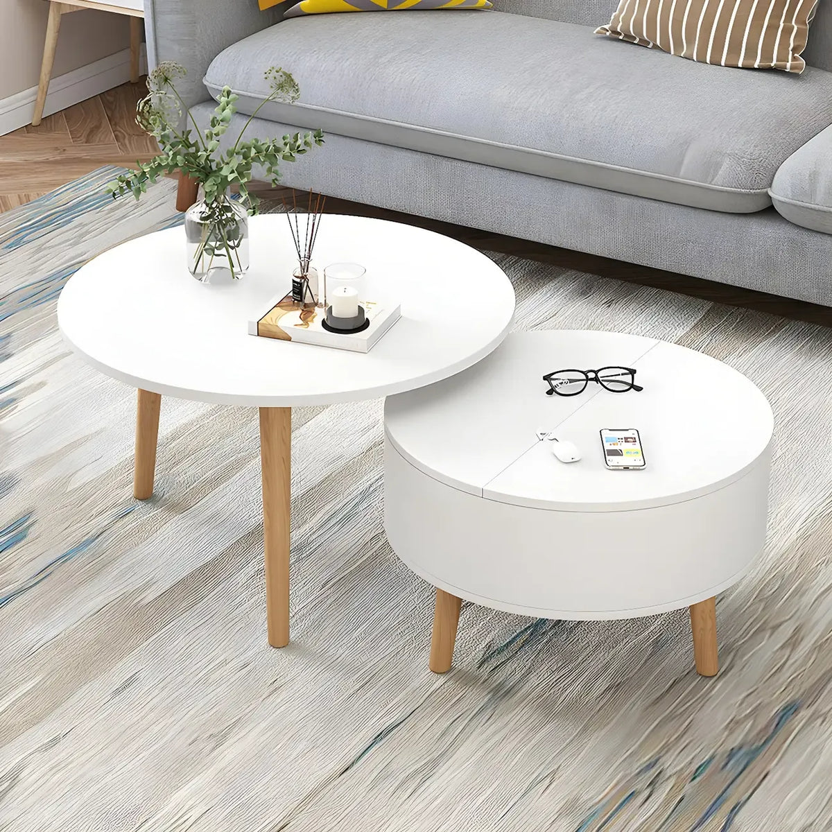 Black White Modern Round Wood Coffee Table with Storage
