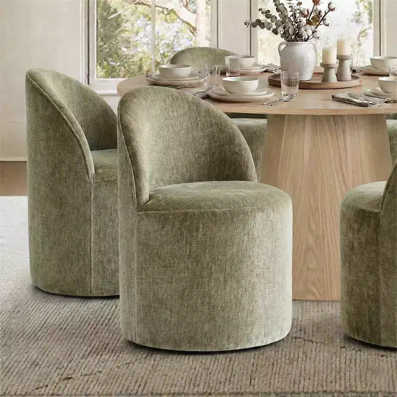 Modern Dining Table Set For 6, Round Pedestal Dining Table, Swivel Rolling Barrel Chairs With Wheels, Textured Chenille- Panipeachy
