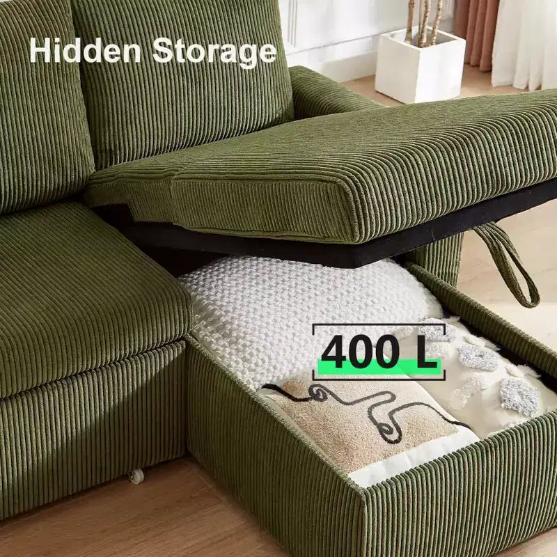Dyonery 2-in-1-Schlafsofa zum Ausziehen mit Stauraum und Récamiere, Cord-Ecksofa mit USB-Anschlüssen für das Wohnzimmer