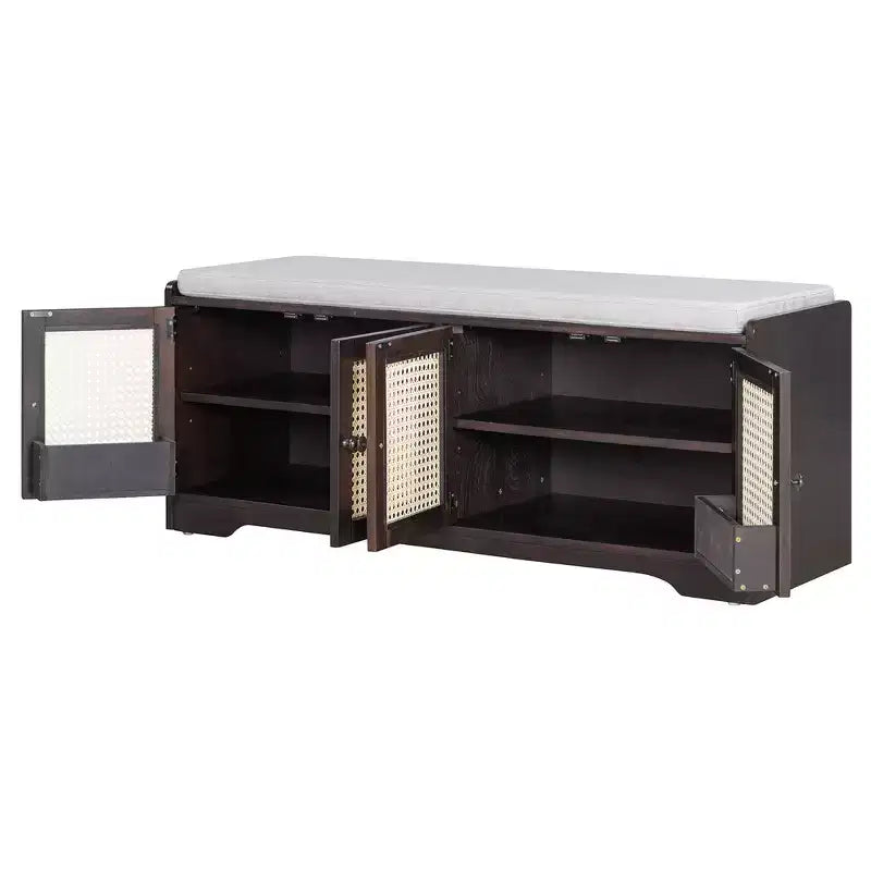 Whisen Rustic Wood Storage Bench, Entryway Shoe Bench with Removable Cushion, Adjustable Shelves