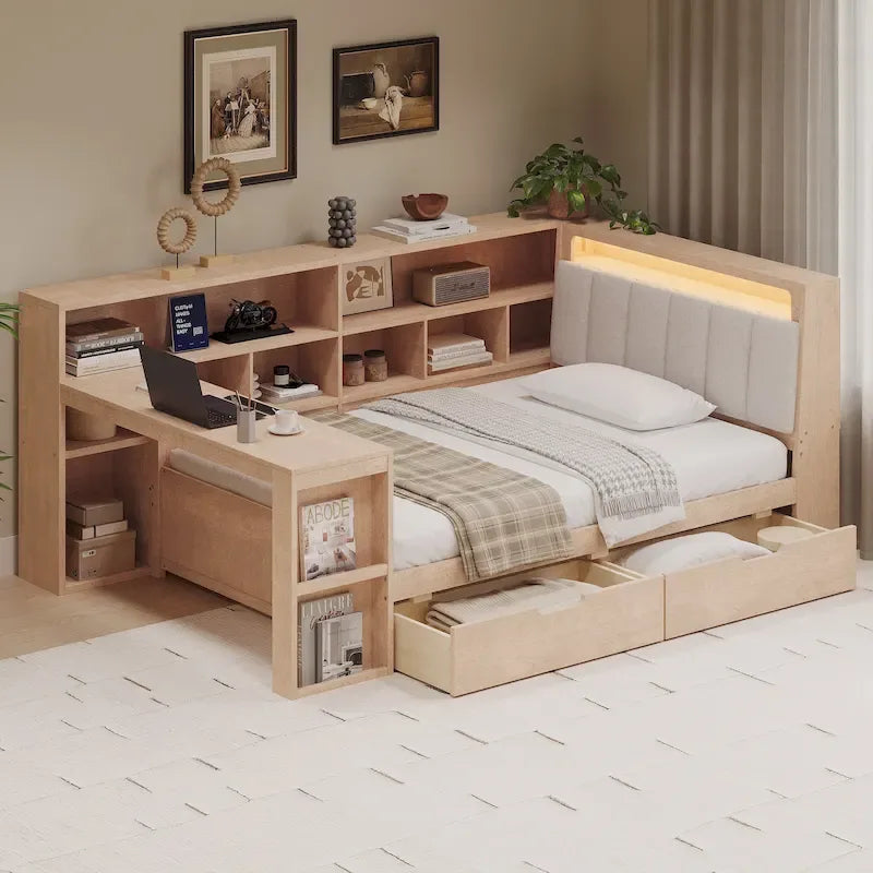 L-förmiges Holz-Sofa-Tagesbett mit Schreibtisch, Bücherregal-Schrank, Eckbett mit Schubladen unter dem Bett, gepolstertem Kopfteil und integrierter Beleuchtung