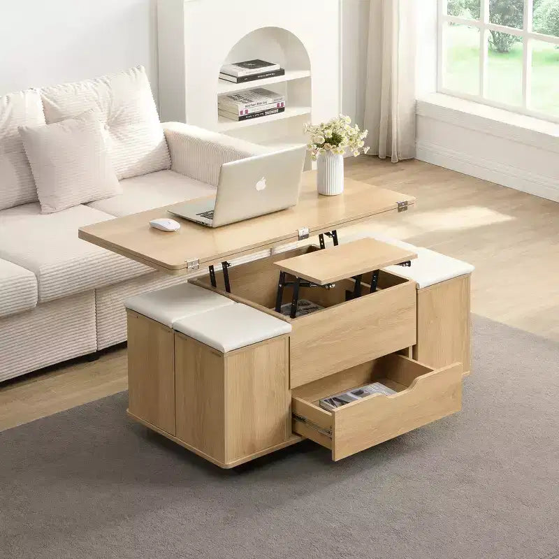 Table basse moderne multifonctionnelle relevable avec rangement dissimulé, 4 tabourets et roulettes, idéale pour les espaces de vie modernes