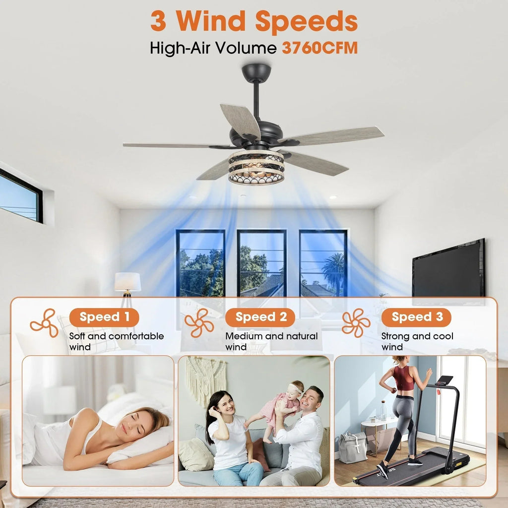 Uzaktan Kumandalı 52 Çiftlik Evi Tarzı Driftwood 5 Kanatlı Siyah Kafesli Tavan Vantilatörü