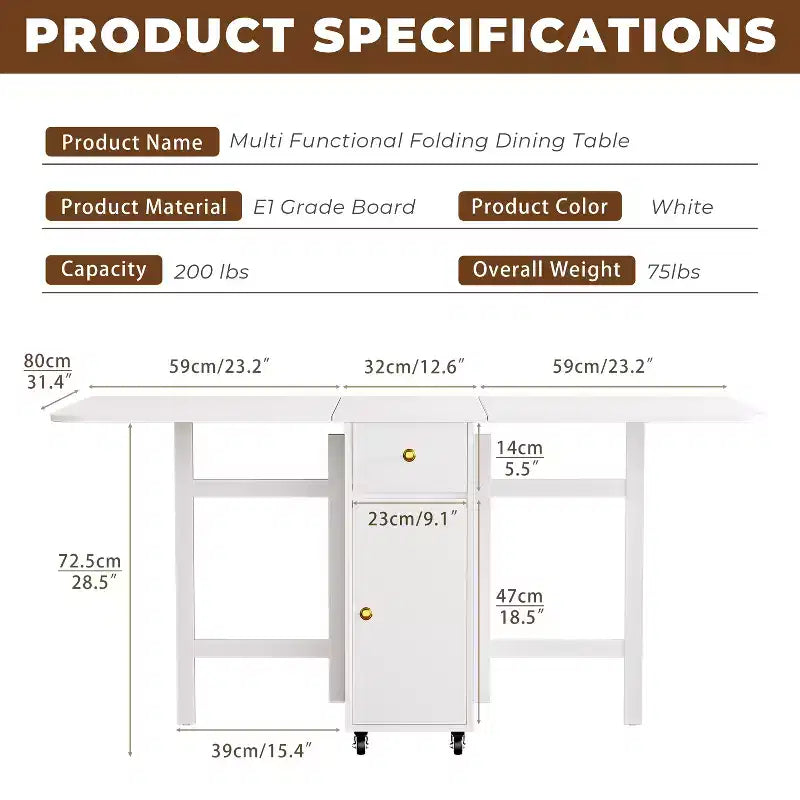 ATJafurn 59'' Foldable Dining Table with Drop Leaves for Small Space, Rectangular Wooden Extendable kitchen Table with Wheels and Storage