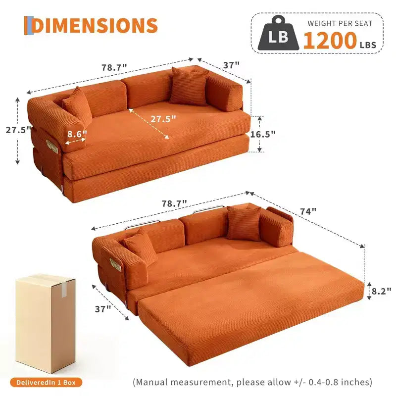 Divano letto, materasso pieghevole 5-in-1 da 78,8 pollici, divanetto, struttura fissa in acciaio, velluto a coste con cuscini