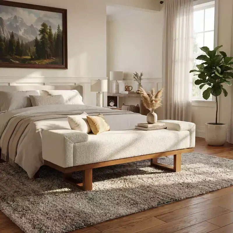Nowoczesna tapicerowana ławka Christopher Knight Home Paulina z drewna kauczukowego i boucle