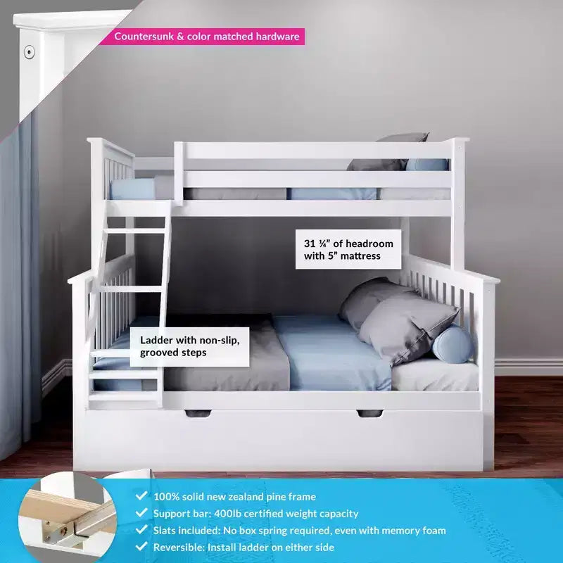 Max & Lily Solid Wood Bunk Bed, Twin over Full with Storage Trundle and Ladder for Kids