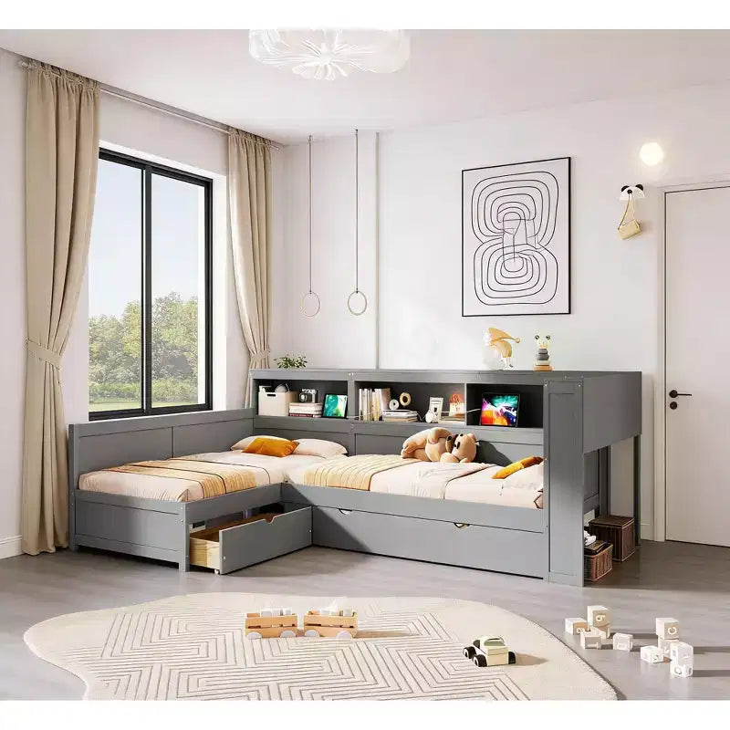 L-förmiges Plattformbett in Twin-Größe mit Ausziehbett und Ladestation, Holzbettrahmen mit Bücherregal