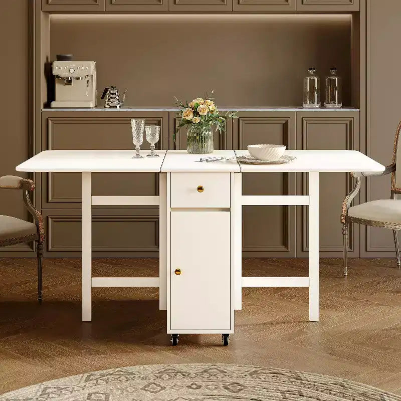 ATJafurn 59'' Foldable Dining Table with Drop Leaves for Small Space, Rectangular Wooden Extendable kitchen Table with Wheels and Storage