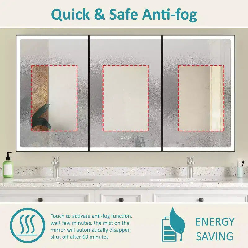 Bathroom Medicine Cabinet with LED Mirror, Surface or Recessed Mount, Dimmable Light, Anti-Fog, Adjustable Shelving