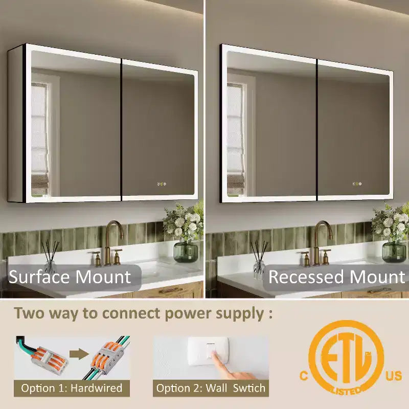 Bathroom Medicine Cabinet with LED Mirror, Surface or Recessed Mount, Dimmable Light, Anti-Fog, Adjustable Shelving