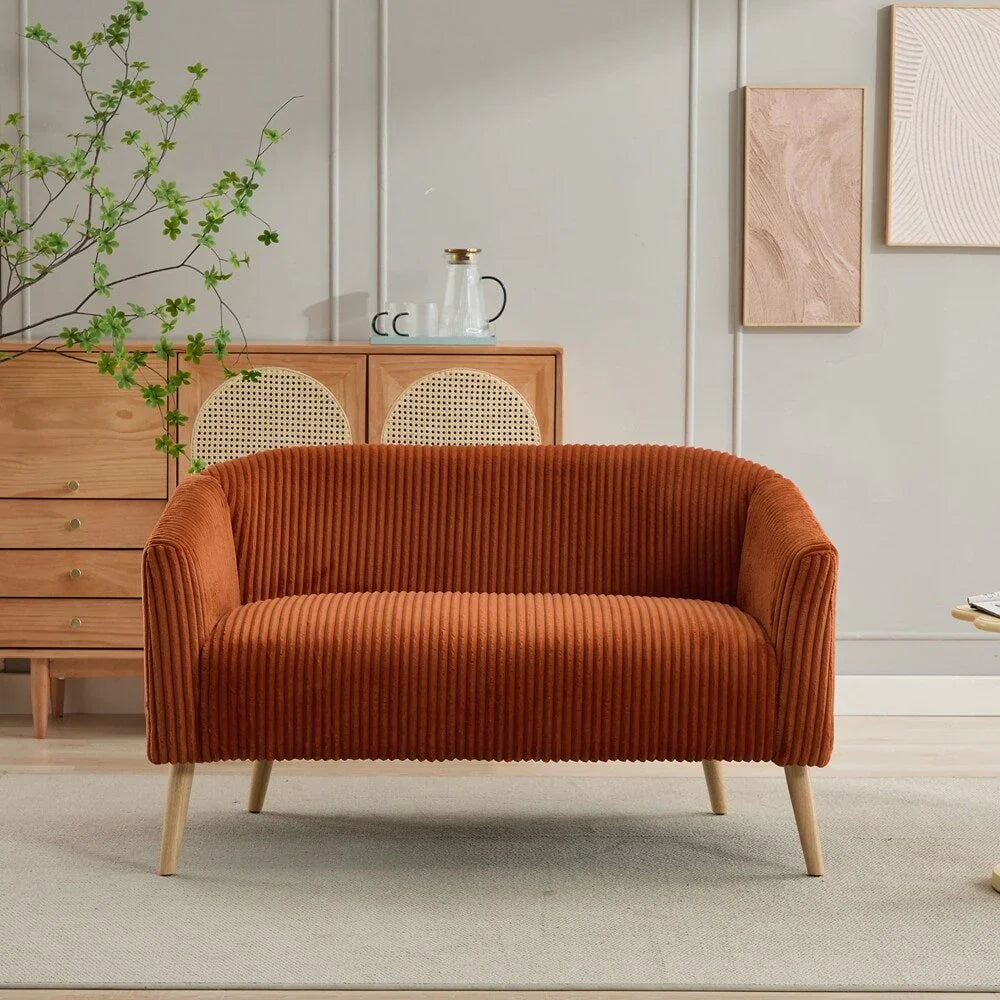 2-zitsbank met bekleding van corduroy en houten poten in walnootkleur