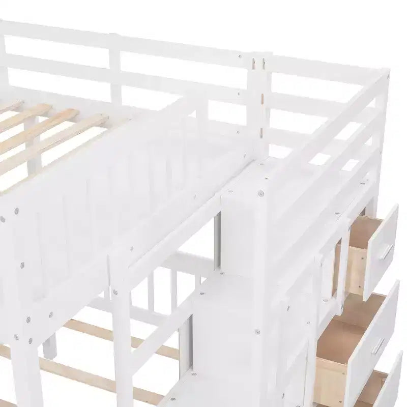 Whisen Full Over Twin & Twin Bunk Bed, Wood Triple Bunk Bed with Drawers and Guardrails