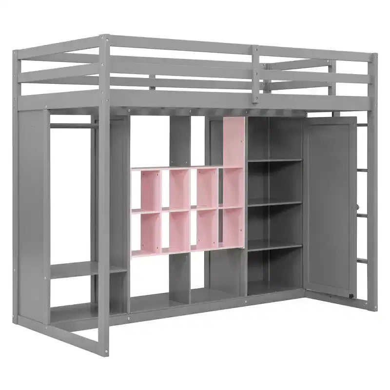 Letto a soppalco per bambini con armadio e mensole, struttura letto a soppalco in legno con mobile contenitore per bambini e ragazzi