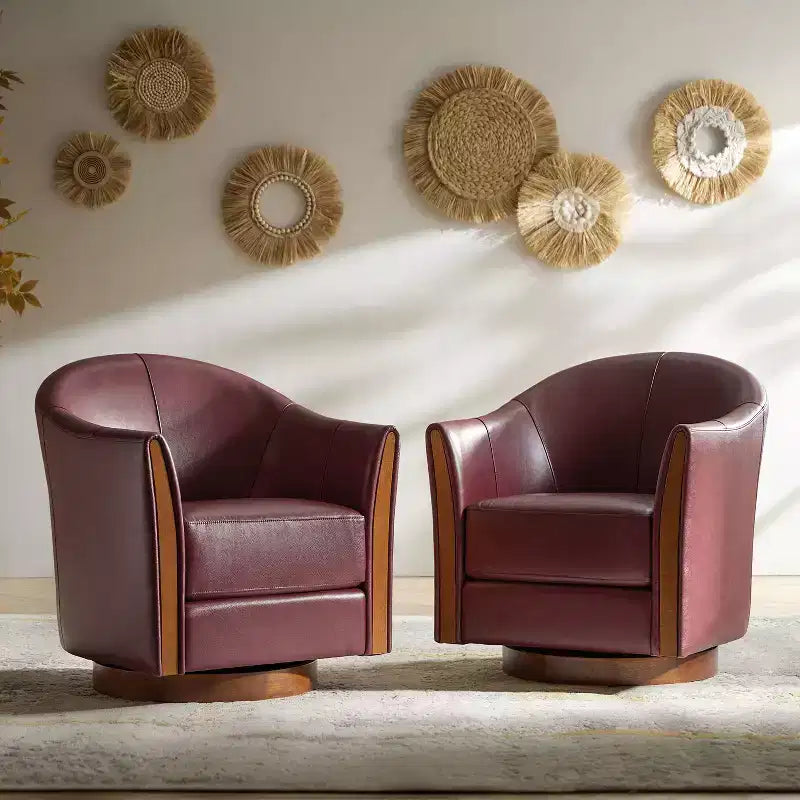 Juego de 2 sillones giratorios tipo barril Pocono de cuero genuino, de estilo transicional, con base de madera maciza, Artful Living Design