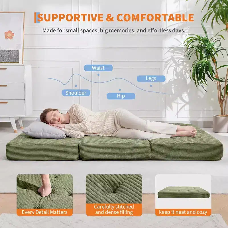 SunnyFurn 15,2 cm dreifach faltbares Matratzen-Sofa-Bett, 190,5 x 138 cm großes faltbares Schaumstoff-Gästebett mit Cordbezug und Knopfsteppung, tragbar für Camping, Wohnzimmer und Schlafzimmer