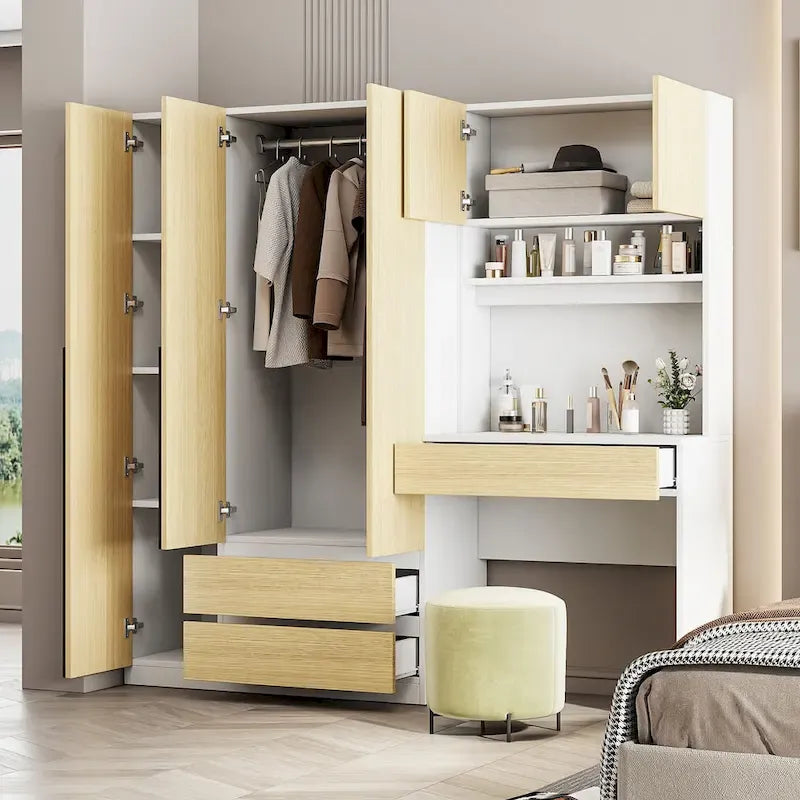 3-in-1 Wardrobe Closet with Vanity Desk, Desk Set, Bedroom Armoire with 2 Drawers 3-Door Storage Desk Wardrobe