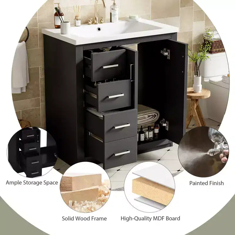 30 Single Sink Bathroom Vanity with Cabinet & 3 Drawers 鈥?Black / Blue / Green / Indigo / White
