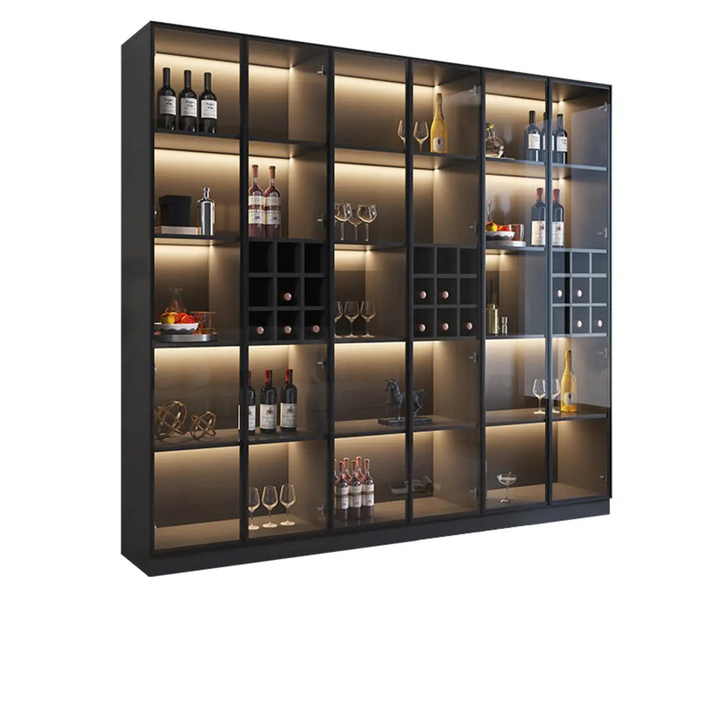 Minimalistischer schwarzer Weinschrank aus Holz mit Glastür