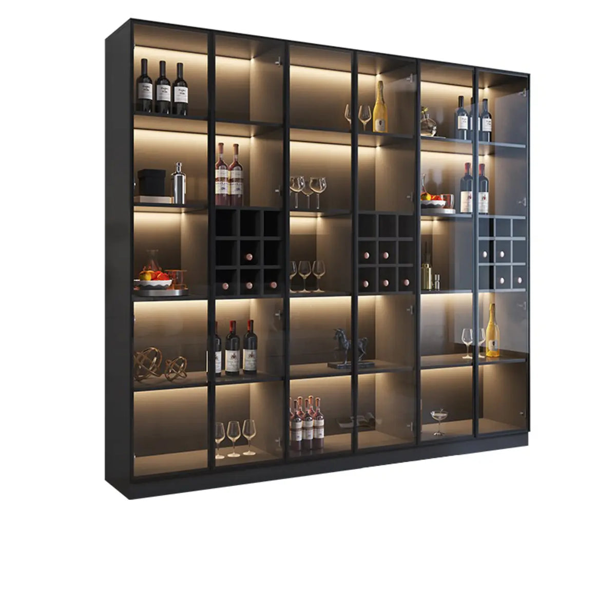 Minimalistischer schwarzer Weinschrank aus Holz mit Glastür