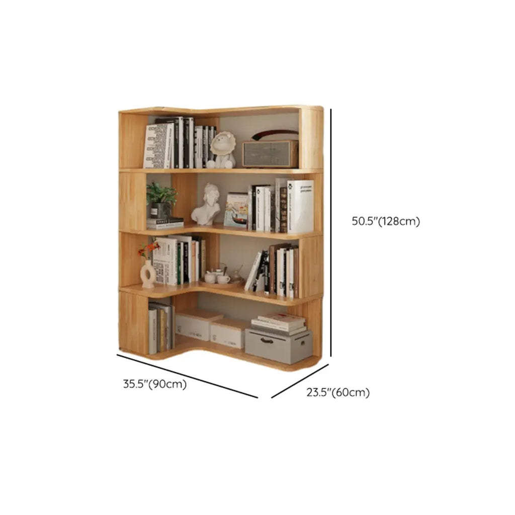 Bibliothèque verticale en bois en forme de L, finition naturelle, dos ouvert